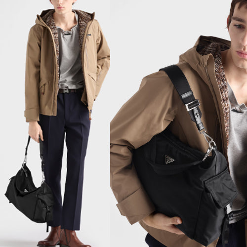 프라다 익스플로어 리사이클 나일론 가죽 숄더 호보백 블랙