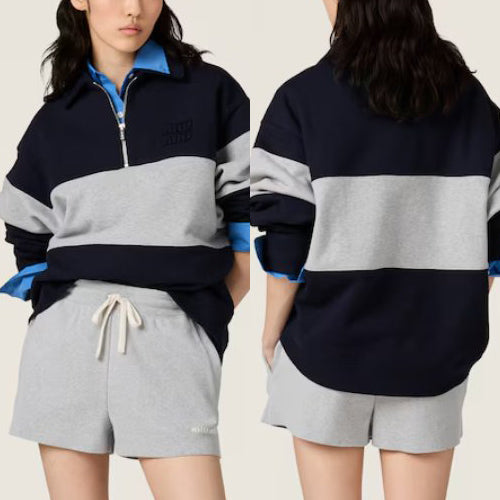 (국내배송) 미우미우 하프 집업 코튼 스트라이프 스웨트셔츠